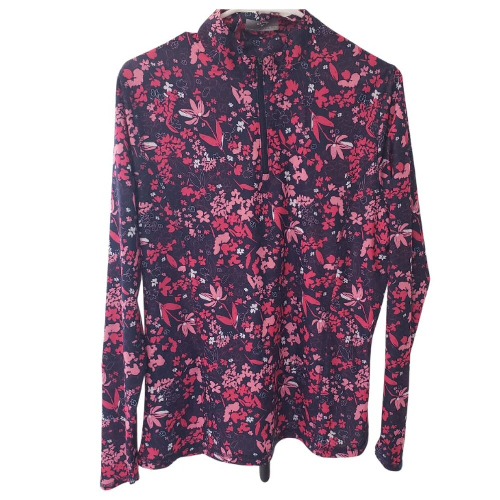 Callaway weather series pullover golf shirt navy blue pink floral sz L NWOT